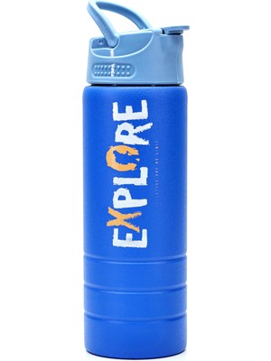 1001 Paslanmaz 304 Çelik Matara Pipetli Motivasyon Matarası Suluğu 304 Çelik Suluk Mavi 750 ml 1156