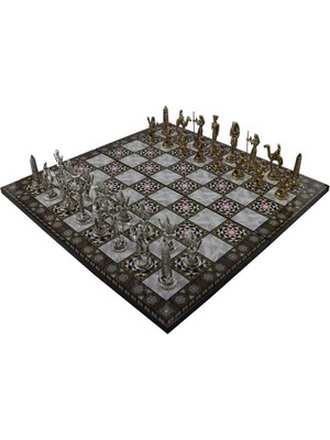 1001 Metal Mısır Satranç Takımı Parlak ve Katlanır Sedef Desenli Mdf Ahşap Satranç Tahtası (43X4