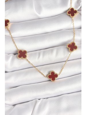 Armüz 316L Çelik Gold Renk Zincir Bordo Yonca Model Kadın Kolye