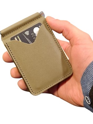 1001 Erkek Cüzdan Natürel Deri Metal Para Klipsli Cüzdan & Kartlık Slim Kartlık (Yeşil)