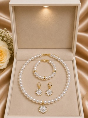 twingold Çiçek Detaylı Inci Gold Renk 3'lü Kolye Bileklik ve Küpe Seti