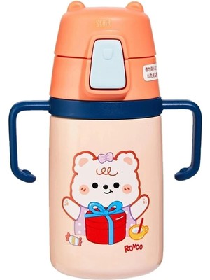 1001 Rovco 400ML Silikon Pipetli Sevimli Ayıcıklı Boyun Askılı Bebek Kulplu Paslanmaz Çelik Termos