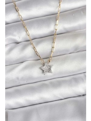 Uslucan Alışveriş Pirinç Gold Renk Zincirli Zirkon Taşlı Minimal Yıldız Model Kadın Kolye - TJ-BKO10752
