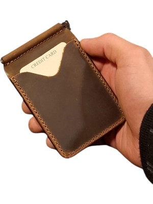 1001 Erkek Cüzdan Natürel Deri Metal Para Klipsli Cüzdan & Kartlık Slim Kartlık (Taba)