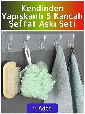 CATEKSSS Kendinden Yapışkanlı 5 Kancalı Şeffaf Askılık Mutfak Banyo Kapı Arkası Beyaz