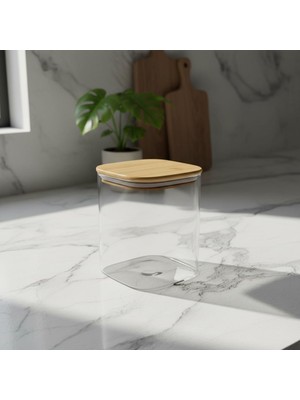 Hsc Bilişim Deconox 10X15 cm Bambu Kapaklı Kare Cam Saklama Kavanozu - Vakumlu Uzun Boy Şeffaf Erzak Kabı Bakli