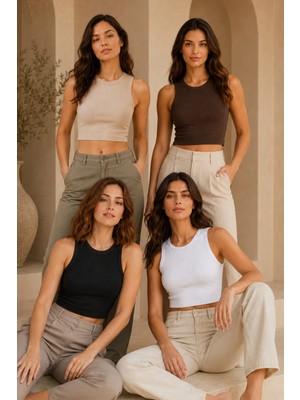 Loule Kadın 4 Adet Fitilli & Pamuklu Bisiklet Yaka Kolsuz Crop Atlet