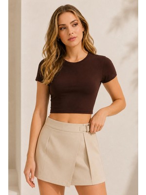 Loule Kadın %92 Pamuk Bisiklet Yaka Kısa Kollu Crop Top Atlet - Esnek & Yumuşak Doku