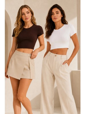 Loule Kadın %92 Pamuk Bisiklet Yaka Kısa Kollu 2 Adet Crop Top Atlet - Esnek & Yumuşak Doku