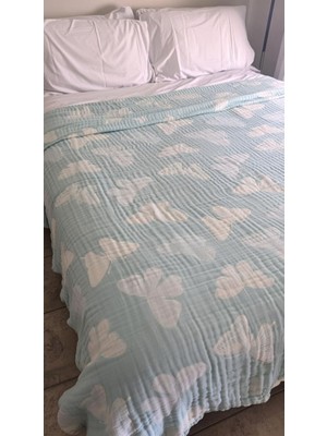 1001 Kelebek Desen 4 Katlı Müslin Pike Yatak Örtüsü Battal Boy 240X260 cm Mavi
