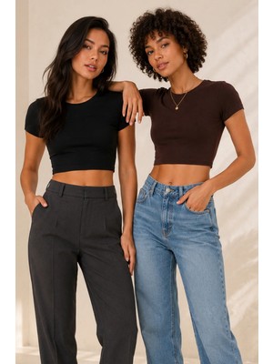 Loule Kadın %92 Pamuk Bisiklet Yaka Kısa Kollu 2 Adet Crop Top Atlet - Esnek & Yumuşak Doku