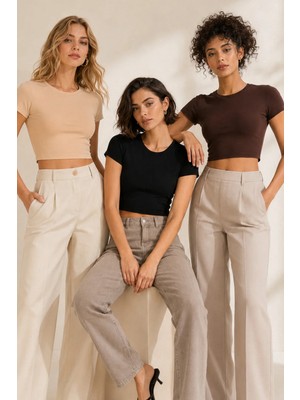 Loule Kadın %92 Pamuk Bisiklet Yaka Kısa Kollu 3 Adet Crop Top Atlet - Esnek & Yumuşak Doku