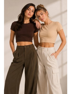 Loule Kadın %92 Pamuk Bisiklet Yaka Kısa Kollu 2 Adet Crop Top Atlet - Esnek & Yumuşak Doku