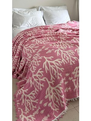 1001 Mercan Desen 4 Katlı Müslin Pike Yatak Örtüsü Battal Boy 240X260 cm Pembe