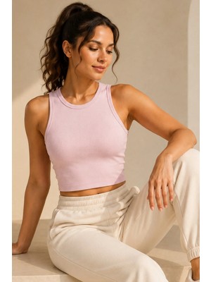 Loule Kadın Fitilli & Pamuklu Bisiklet Yaka Kolsuz Crop Atlet