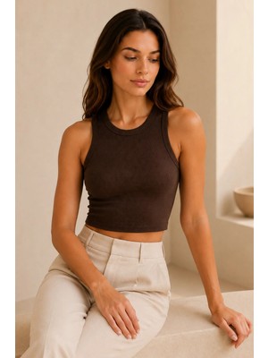 Loule Kadın Fitilli & Pamuklu Bisiklet Yaka Kolsuz Crop Atlet