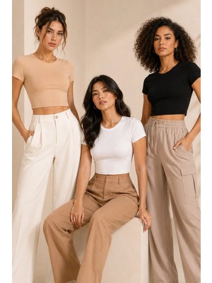 Loule Kadın %92 Pamuk Bisiklet Yaka Kısa Kollu 3 Adet Crop Top Atlet - Esnek & Yumuşak Doku