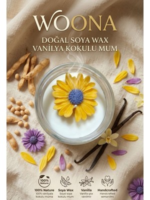 Woona Doğal Soya Wax Vanilya Kokulu El Yapımı Cam Kavanoz El Yapımı Doğal Soya Wax Premium Kokulu Mum