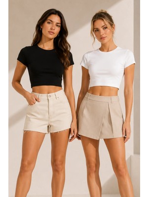 Loule Kadın %92 Pamuk Bisiklet Yaka Kısa Kollu 2 Adet Crop Top Atlet - Esnek & Yumuşak Doku