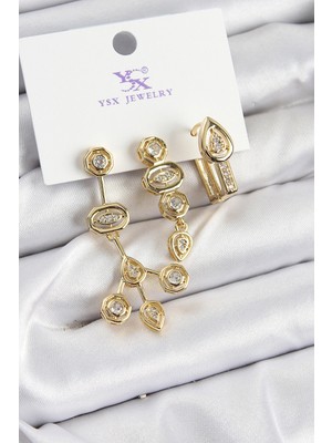 Armüz Pirinç Zirkon Taşlı Geometrik Model Gold Renk 3'lü Kadın Küpe