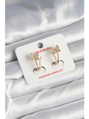 Armüz Pirinç Gold Renk Zirkon Taşlı Kelebek Model Kadın Küpe