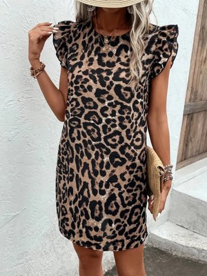 Civetta Kadın Kısa Kollu Kolları Fırfır Detay Arkası Bağlamalı Leopar Desen Kolsuz Mini Mikro Elbise