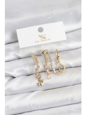 Armüz Pirinç Gold Renk Zirkon Taşlı Uzay Model Ysx Trio Küpe Seti