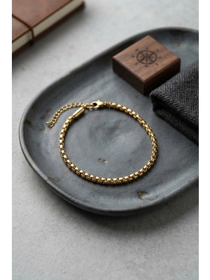 Mey İthalat Mey Ithalat® 316L Çelik Gold Renk Kutu Zincir Erkek Bileklik