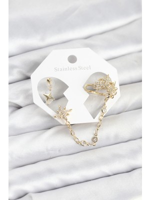 Armüz Kutup Yıldızı Model Pirinç Gold Renk Zincir Bağlantılı Ear Cuff Küpe Seti