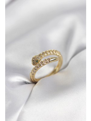 Armüz Yılan Model Gold Renk Zirkon Taşlı Kadın Yüzük