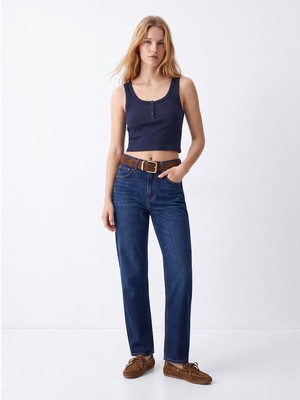 LTB Düğmeli Kaşkorse Crop Lacivert Atlet