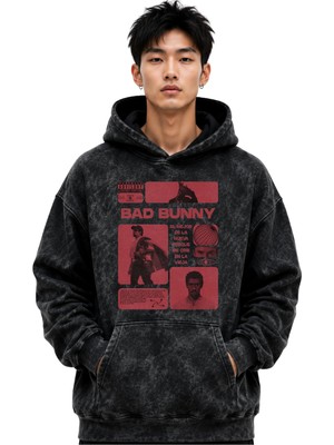Sevbano Bad Bunny Rapper Şarkıcı Baskılı Unisex Oversize Premium Yıkamalı Hoodie Sweatshirt