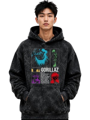 Sevbano Gorillaz Rock Metal Müzik Grubu Baskılı Unisex Oversize Premium Yıkamalı Hoodie Sweatshirt