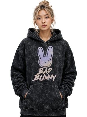 Sevbano Bad Bunny Rapper Şarkıcı Baskılı Unisex Oversize Premium Yıkamalı Hoodie Sweatshirt