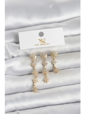 Armüz Pirinç Gold Renk Sıralı Kutup Yıldızı Model 3'lü Kadın Küpe
