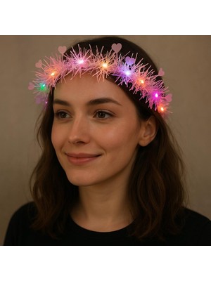 Alka Kalp Püsküllü Gece Parıltısı 3 Modlu Led'li Işıklı Taç Pembe Renk