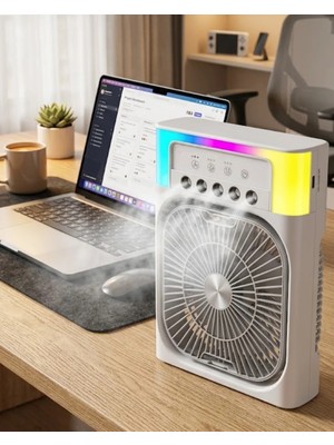 Akıllı Bayi USB Şarjlı Masaüstü Soğutucu Fan Su Püskürtmeli Renkli Işıklı