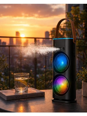 Akıllı Bayi Şarjlı Buharlı Serinletici Fan Rgb Işıklı Çift Pervaneli Masa Fanı