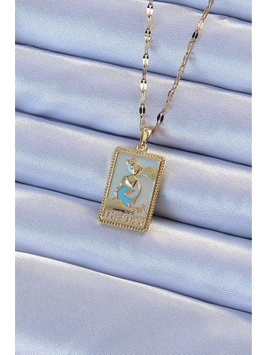 Alka 316L Çelik Zincir Altın Renk Mavi Mineli Tarot Kolye 5886