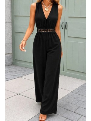 Lune Store Kadın Kolsuz Önden Bağcıklı Beli Dantelli Uzun Pera Tulum
