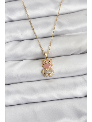 Alka 316L Çelik Zincir Gold Renk Teddy Bear Model Zirkon Taşlı Kadın Kolye 5886