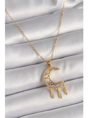 Alka 316L Çelik Gold Renk Zincir Zirkon Taşlı Hilal Model Sallantı Yaprak Detay Kadın Kolye 5886