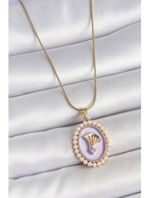 Alka 316L Çelik Gold Renk Zincir Mor Mineli Incili Zirkon Taşlı Çiçek Işlemeli Portre Model Kadın Kolye 5886