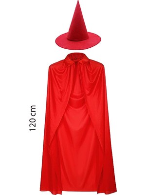 Alka Yetişkin Boy 120 cm Kırmızı Yakalı Pelerin ve Kırmızı Cadı Şapkası