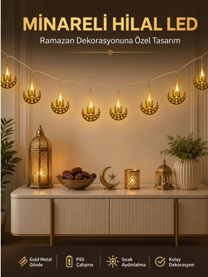 Alka Dekoratif Minareli Hilal LED Işık Metal Gövdeli Ramazan Aydınlatma