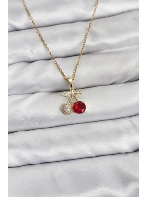 Alka 316L Çelik Zincir Gold Renk Kiraz Model Zirkon Taşlı Kadın Kolye 5886