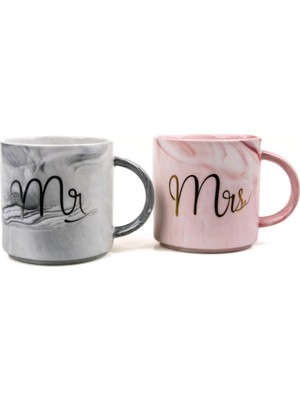 Valor Mukko Home Lüks Mermer Desenli Mr & Mrs 2'li Porselen Kupa Seti – 400 Ml, Hediyelik Kutulu,çok Renk