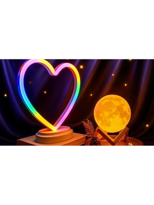 Valor Işık KASABASI(107) Neon Kalp ve 3 D LED Sarı Küre Gece Lambası Sarı
