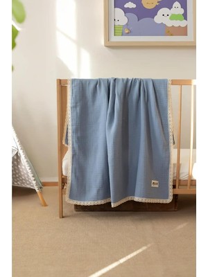 Valor Sallhomee Pamuklu 4 Katlı Müslin Bebek Battaniyesi, Mavi, 90X110 Cm, Antibakteriyel, Dantelli, Düz