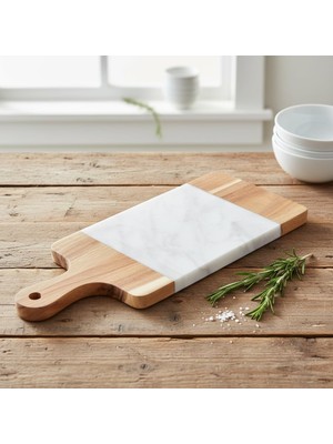 Valor Deconox Akasya Mermer Sunumluk 33X13 cm - Doğal Ahşap ve Beyaz Mermer Detaylı Peynir, Şarküteri ve